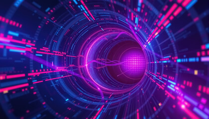 Abstract art rendering futuristic tunnel made with blue red and violet light