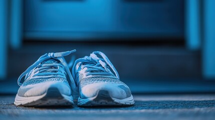 Stylish Athletic Sneakers on Outdoor Mat Near Doorstep at Home