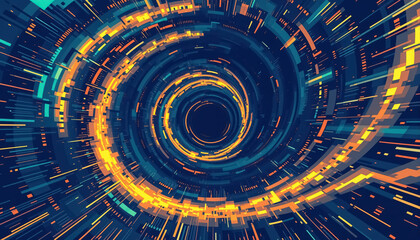 Abstract spiral design with orange and blue geometric shapes sense of depth and motion