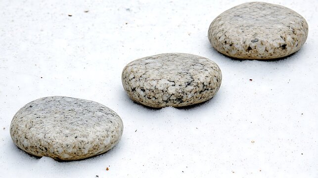 Three smooth stones on white sand.