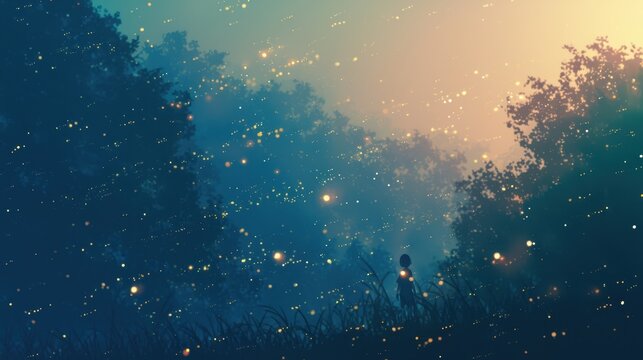 A swarm of fireflies glowing in the twilight.