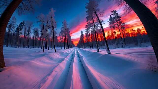 Snowy Forest Road at Sunset with Ski Tracks Leading into the Distance Under a Vibrant Sky with Pink and Blue Hues

