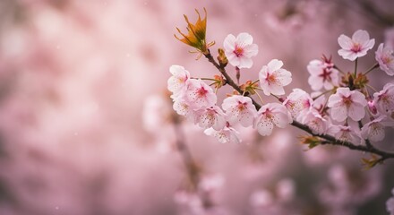 Obraz premium Blurred background of cherry blossom, pink petals, soft light. Japanese style, spring mood.