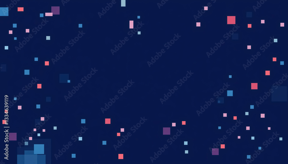 Poster abstract blue background with scattered colorful squares reminiscent of digital pixel art mosaic