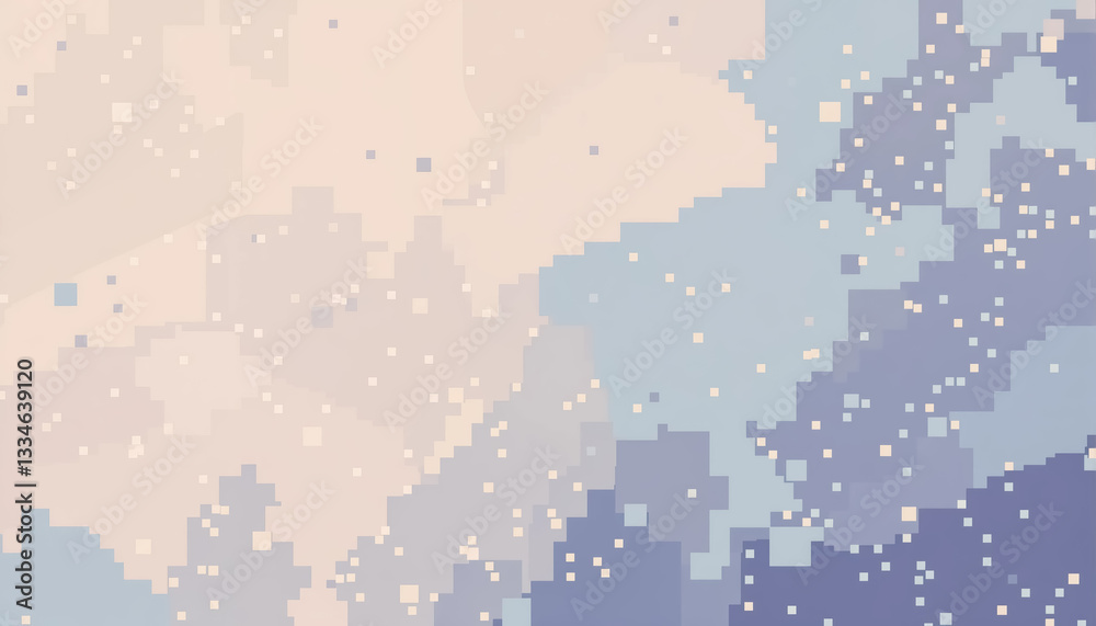 Poster pixelated artwork featuring abstract forms with blend of soft pastel colors and geometric designs