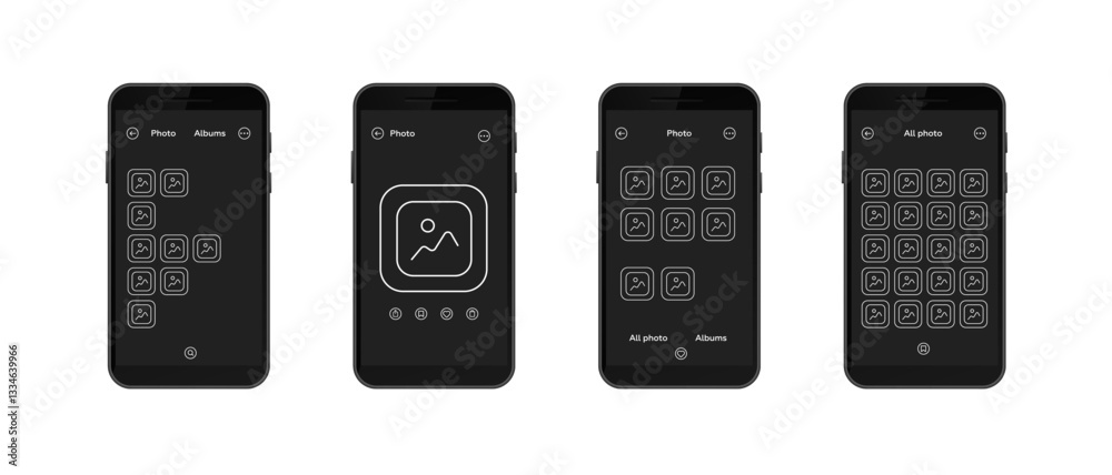 Wall mural four smartphone screens showing different layouts of photo gallery interface icons for easy navigati