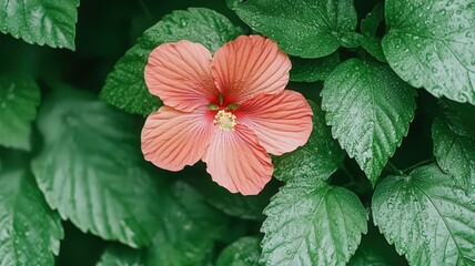 Coral Pink Hibiscus Flower with Dew Drops on Green Leaves