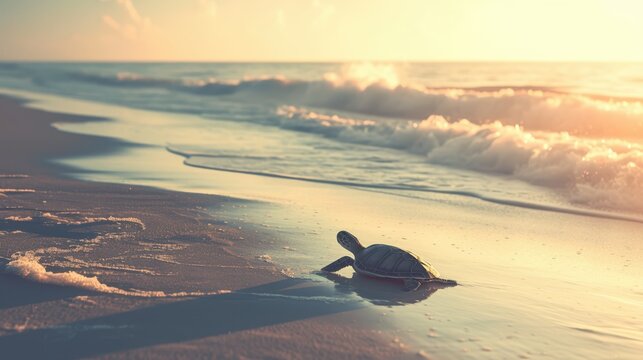 A turtle slowly making its way across a sandy beach. - Powered by Adobe