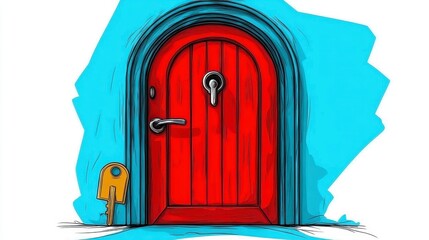 Fototapeta premium Vibrant Red Door with Unique Knob and Key in a Whimsical Blue Background