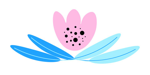 Beautiful elegant horizontal ornament made of floral elements. Delicate spring colors. Blue, pink, black. One icon isolated on  white background.