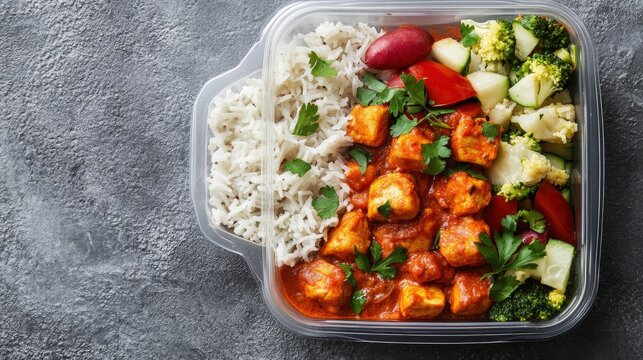 Flavorful chicken tikka masala and rice, nestled in a container on cool concrete. A vibrant, delicious meal
