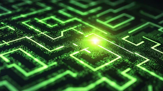 Maze of Progress: A mesmerizing, glowing green maze, symbolising innovation, complexity and the path to a breakthrough, with a central point suggesting the ultimate solution. 