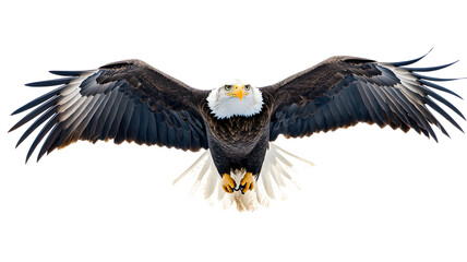 Obraz premium A large eagle is flying in the sky. The bird has a white head and a black body. The eagle's wingspan is wide, and it is soaring high above the ground. Concept of freedom and power