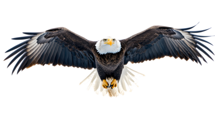 A large eagle is flying in the sky. The bird has a white head and a black body. The eagle's wingspan is wide, and it is soaring high above the ground. Concept of freedom and power