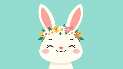 Easter bunny greeting card. Easter bunny with a wreath on his head on a blue background