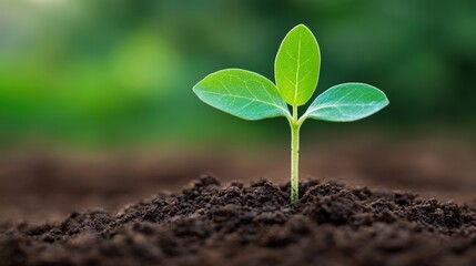 Naklejka premium A small green seedling with vibrant leaves emerges from dark soil, symbolizing growth and renewal in a natural environment.