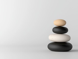 Balanced stones representing tranquility, harmony, and mindfulness in a minimalist setting.