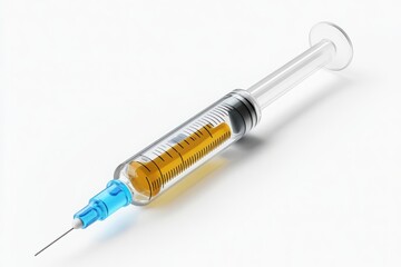 Fototapeta premium A syringe with a blue needle and yellow liquid on a white background in a studio setting