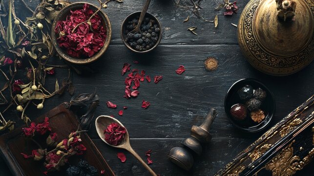 Traditional spices and herbs in rustic setting