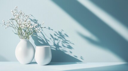 Minimalist white vases casting geometric shadows