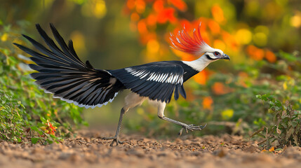 Fototapeta premium secretary bird with striking plumage and vibrant red crest walks gracefully on rocky path, surrounded by lush greenery and colorful foliage in background