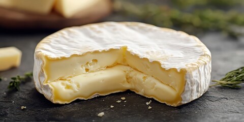 Creamy cheese with soft texture displayed on a rustic slate surface with herbs and other cheeses nearby