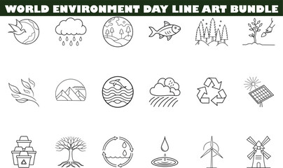 World Environment Day Line Art Bundle Eco Icons Graphics