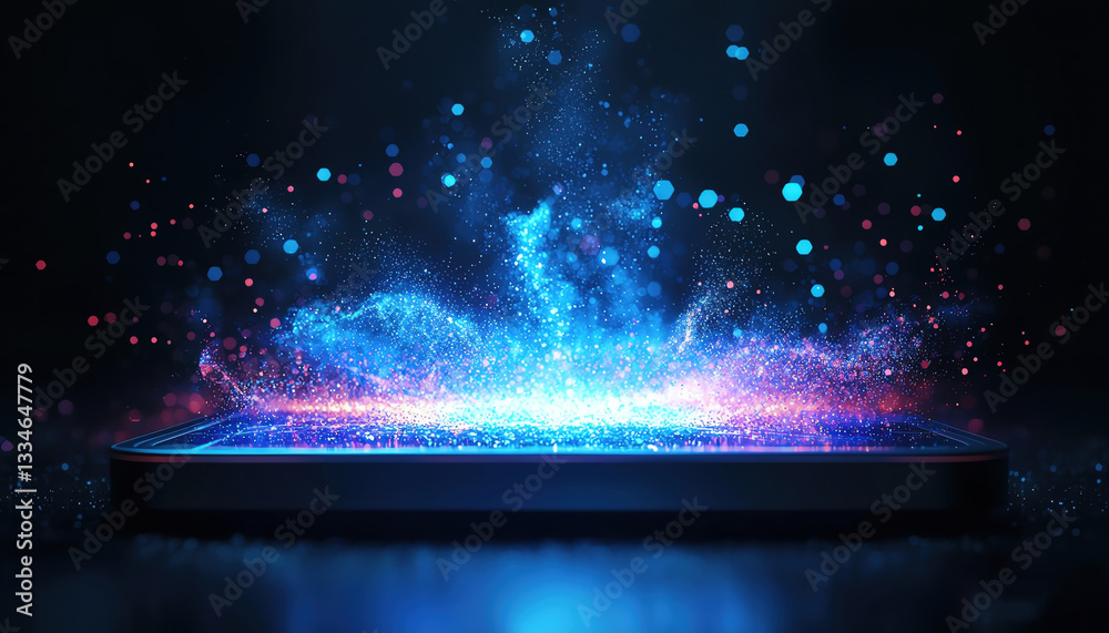 Poster glowing display with vibrant particles and sparks emanating from device