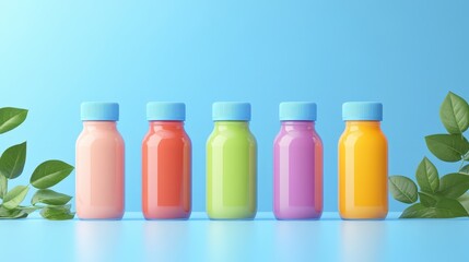 Colorful bottles of drinks lined up against a blue background, surrounded by green leaves, creating a vibrant and refreshing look.