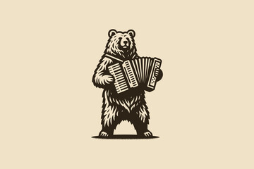 Vintage bear playing accordion, folk art engraving illustration