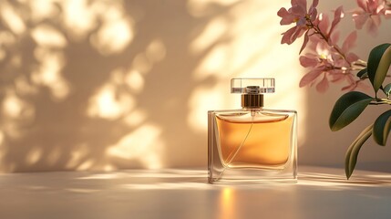 Amber Perfume Bottle with Pink Flowers and Foliage