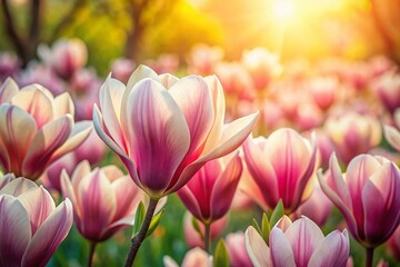 Obraz premium Serene Panoramic View of Peaceful Magnolia Tulips in a Spring Meadow