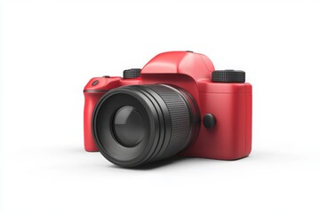 A red camera with a black lens on a white background in a studio shot for photography equipment