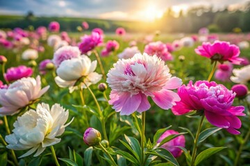 Fototapeta premium Serene Peony Wildflowers in a Sunlit Meadow - Stunning Landscape Photography