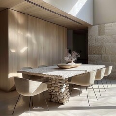 Elegant and minimalist dining room interior bathed in natural sunlight featuring a unique table with a stone pedestal base and comfortable modern chairs surrounded by wooden and stone walls