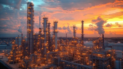 Fototapeta premium Industrial Oil and Gas Refinery at Sunset Cinematic Aerial View Vibrant Skies Energy Production