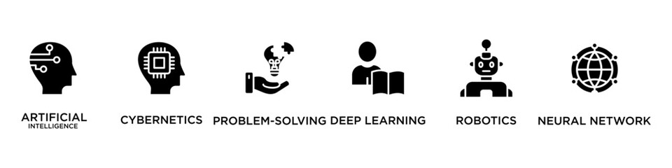 AI banner web icon vector illustration concept of artificial intelligence with icon of cybernetics problem-solving, deep learning machine learning robotics and neural network 