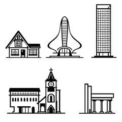 This image showcases a collection of stylized, black line drawings depicting various architectural structures