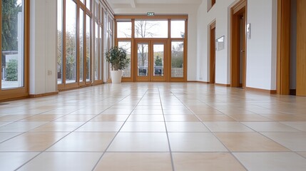 Obraz premium Modern Hallway with Beige Tiles & Wooden Doors