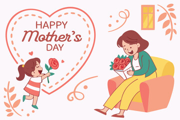 Obraz premium A heartwarming Mother's Day graphic featuring a young girl presenting a single rose to her smiling mother, who sits on a couch holding a bouquet of roses