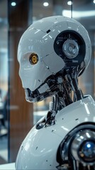 Fototapeta premium Sophisticated humanoid robot design showcased in a modern technology office