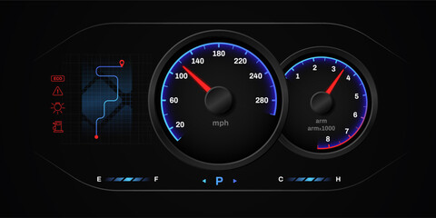 Digital dashboard showcasing speed and engine data with clear gauges for easy vehicle monitoring.