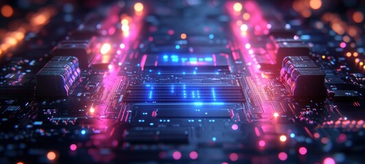 Fototapeta premium Futuristic Digital Circuit Board Design with Neon Blue and Purple Light Accents for Quantum Computing and Data Processing
