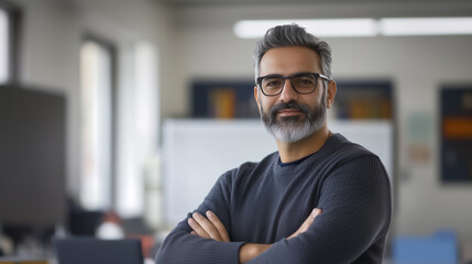 Obraz premium middle aged man with glasses and beard stands confidently in bright office, arms crossed, exuding professionalism and approachability