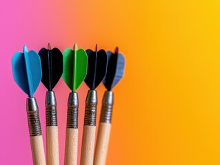 Colorful dart tips arranged on a vibrant background, showcasing precision and skill.