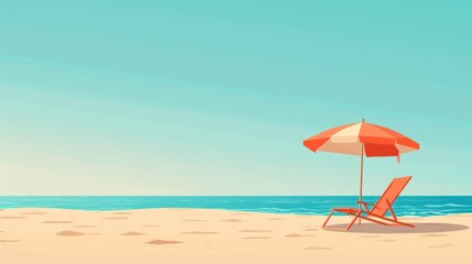 Serene Beach Scene with Umbrella and Chair in Minimalist Illustration Style