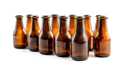 A row of beer bottles with a white background. The bottles are all brown and have a cap on top