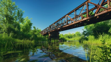 Obraz premium Scenic view of a rusty railroad bridge over a tranquil river surrounded by lush greenery