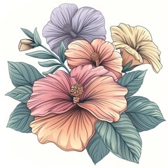 Fototapeta premium Elegant arrangement of vibrant hibiscus flowers in pastel shades, complemented by lush green leaves, creating a fresh and inviting floral design.