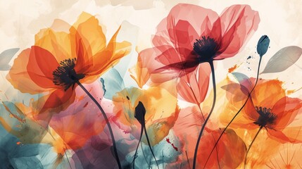 Minimalistic Abstract Flower Art Background Wall Art with Watercolor and Transparency